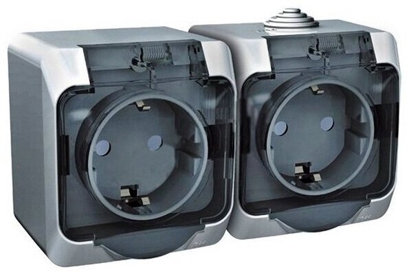 фото SE Этюд наруж Серая Розетка 2-я с/з со шторками c крышкой IP44