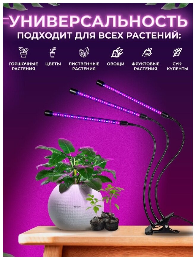 Фитолампа для растений и рассады на прищепке полного спектра 3 лампы - фотография № 5