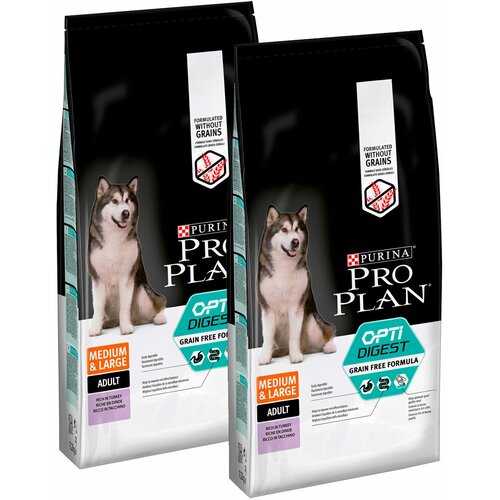 PRO PLAN ADULT DOG OPTIDIGEST GF MEDIUM & LARGE беззерновой для собак средних и крупных пород с чувствительным пищеварением с индейкой (12 + 12 кг)