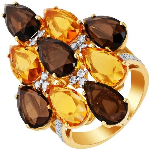 Кольцо JV, желтое золото, 585 проба, бриллиант, раухтопаз, цитрин, размер 17.5