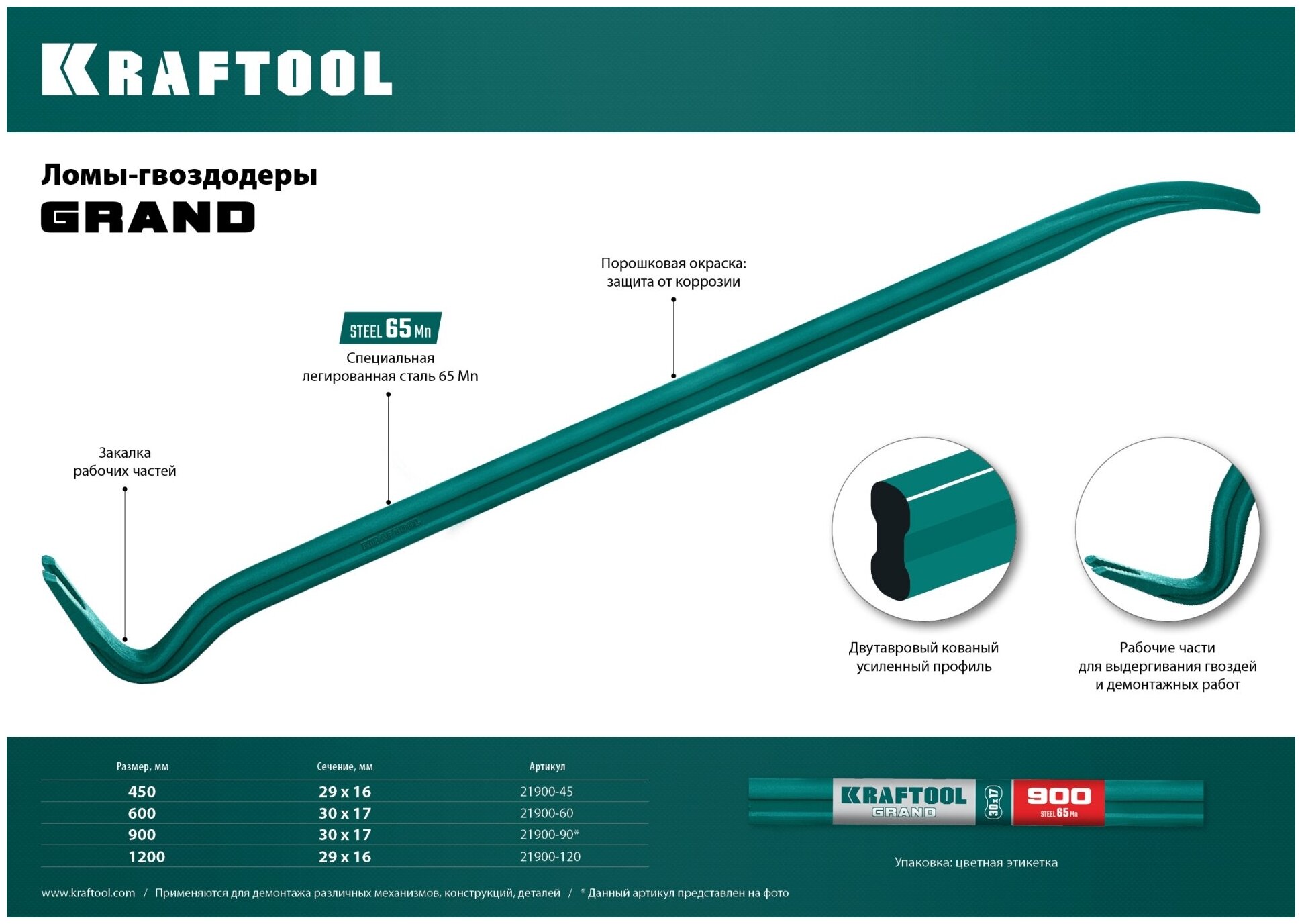 KRAFTOOL 450 мм, 29х16 мм, Двутавровый лом-гвоздодер (21900-45)