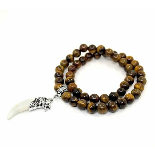 фото Браслет-нить handinsilver ( посеребриручку ) браслет-четки из глянцевого камня тигровый глаз 8мм с медальоном клык волка., тигровый глаз, 1 шт., размер 19 см, диаметр 8 см, желтый, коричневый