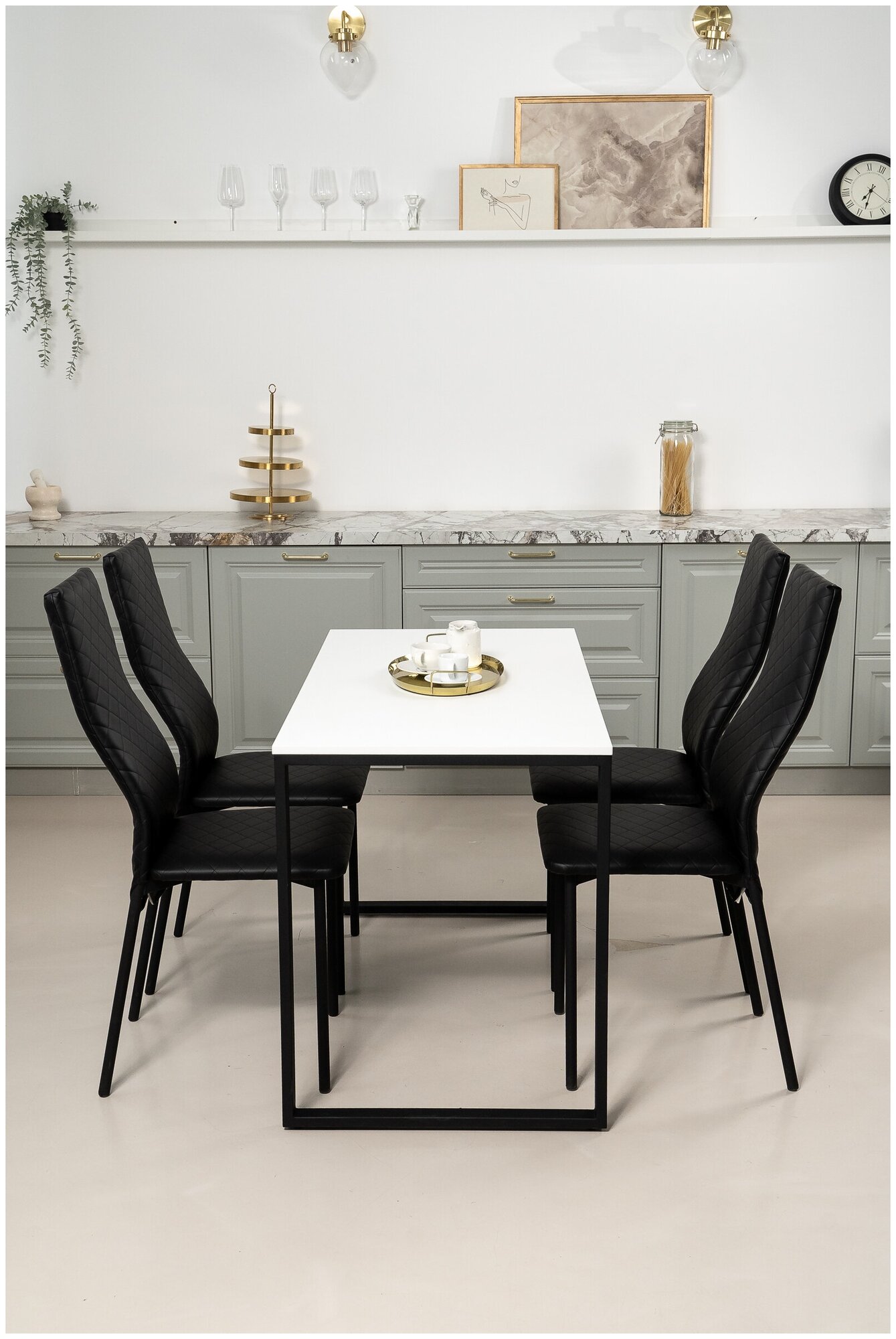 Обеденная группа Стол и 4 стула, стол «Белый» 120х60х75, стулья Черные искусственная кожа 4 шт.