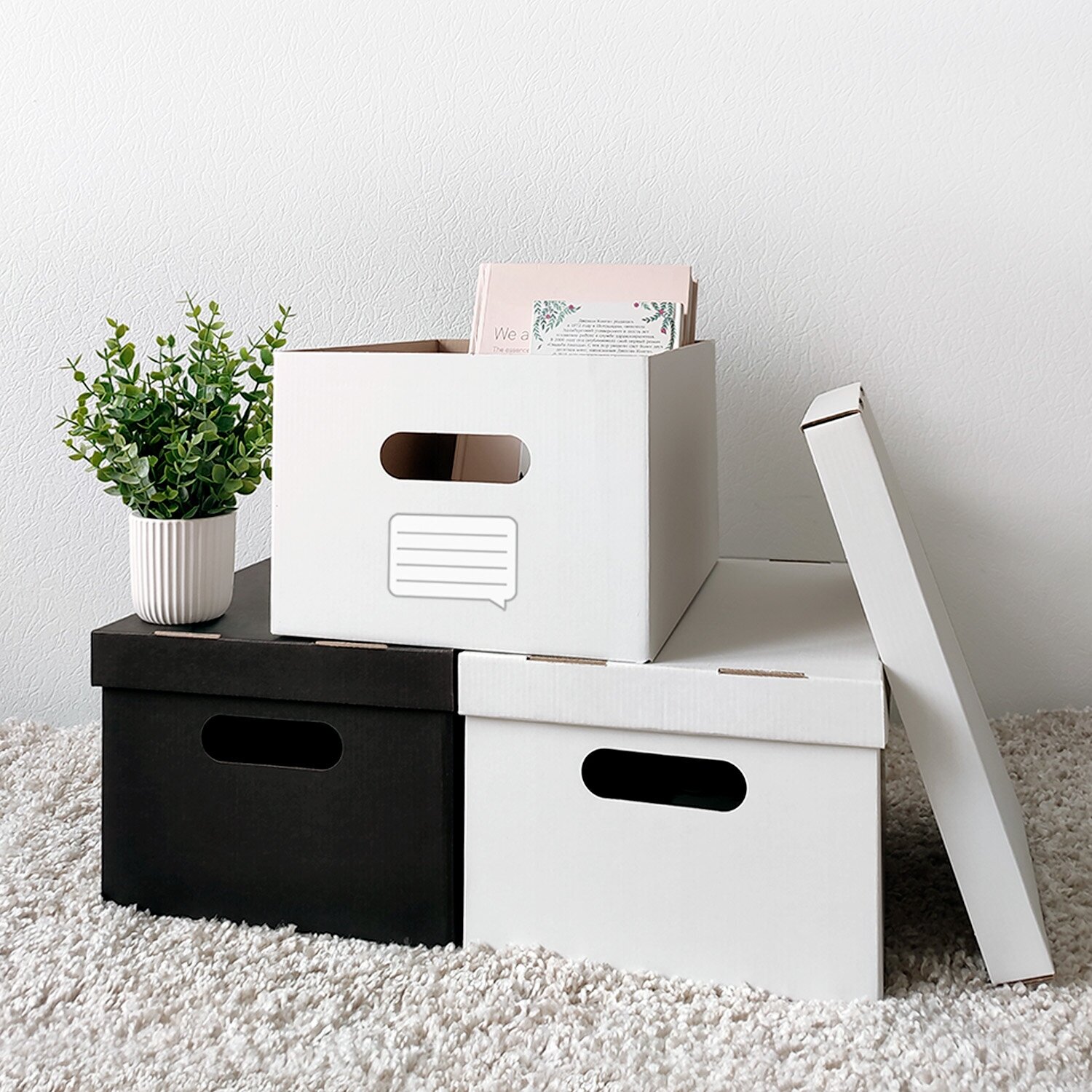 Коробка для хранения вещей с крышкой картонная, набор 4 шт., белый,черный - фотография № 8
