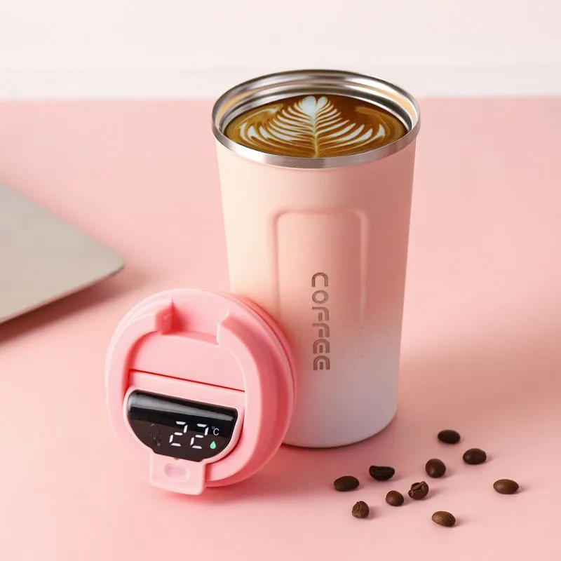 Термокружка для кофе и чая с датчиком температуры, 510 мл, розовый градиент - фотография № 1