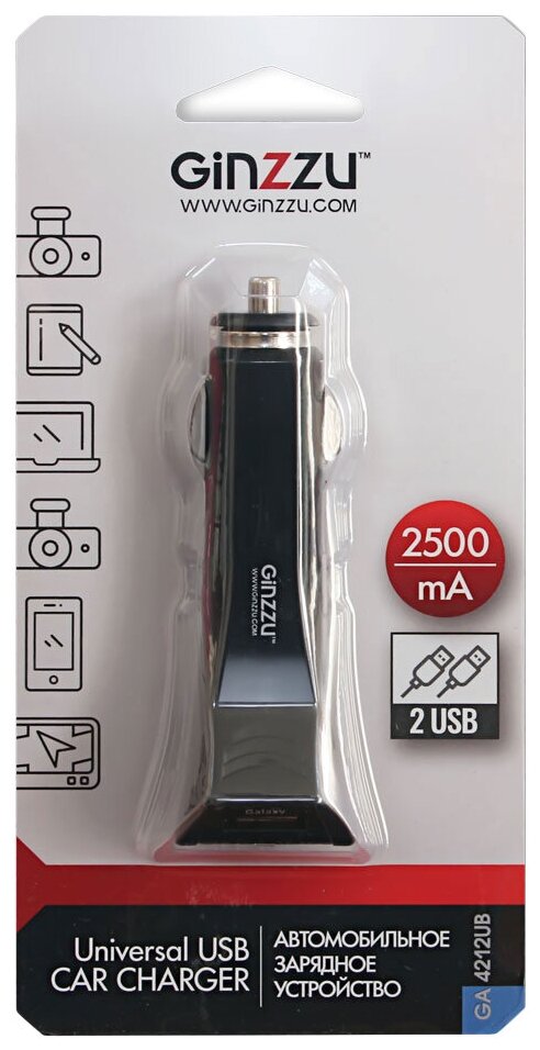 Автомобильное зарядное устройство GINZZU GA-4212UB, 2xUSB, 2.5A, черный