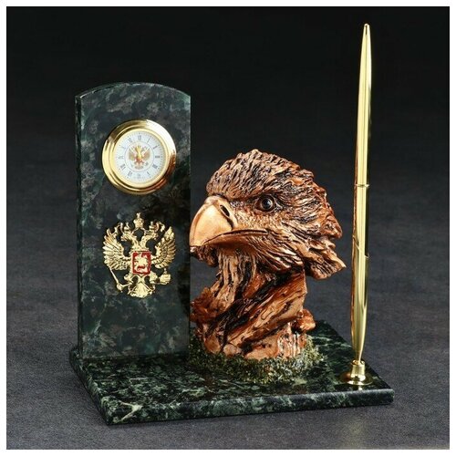 Письменный набор Орёл, с часами и ручкой, 10х15х15 см, змеевик, гипс
