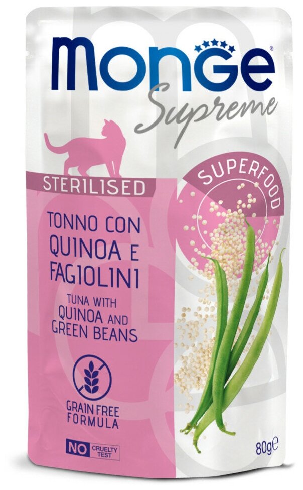 Monge Supreme Sterilized Cat влажный корм для стерилизованных кошек с тунцом, киноа и зелёной фасолью, в паучах - 80 г х 24 шт