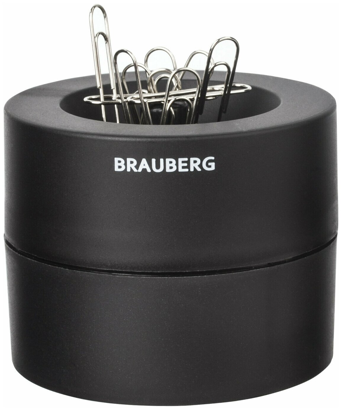 Диспенсер для скрепок / органайзер / скрепочница магнитная Brauberg с 30 скрепками, большой бочонок, черная, 225191