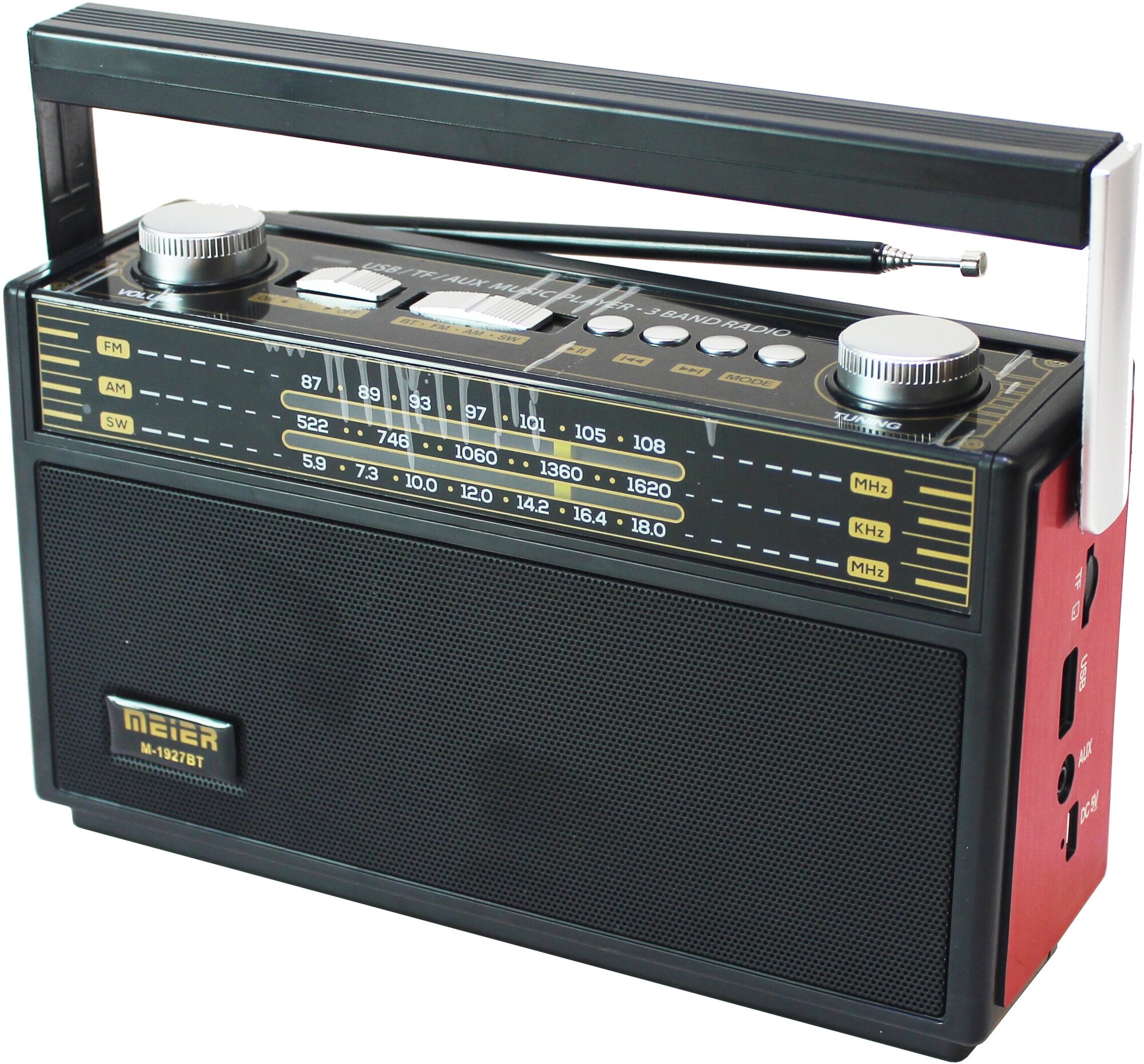 Компактный радиоприемник Meier M-1927BT с питанием от сменного аккумулятора встроенным модулем Bluetooth фонариком и MP3 проигрывателем