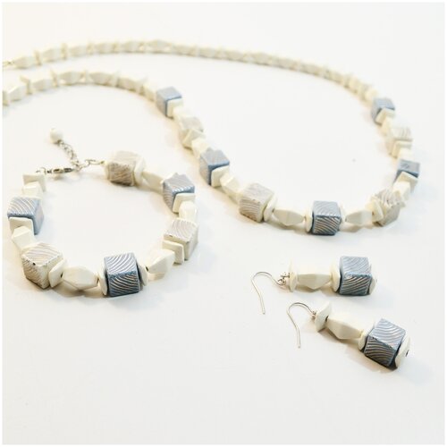 Комплект бижутерии Tularmodel: браслет, колье, серьги, размер браслета 17 см, размер колье/цепочки 71 см, серый, белый