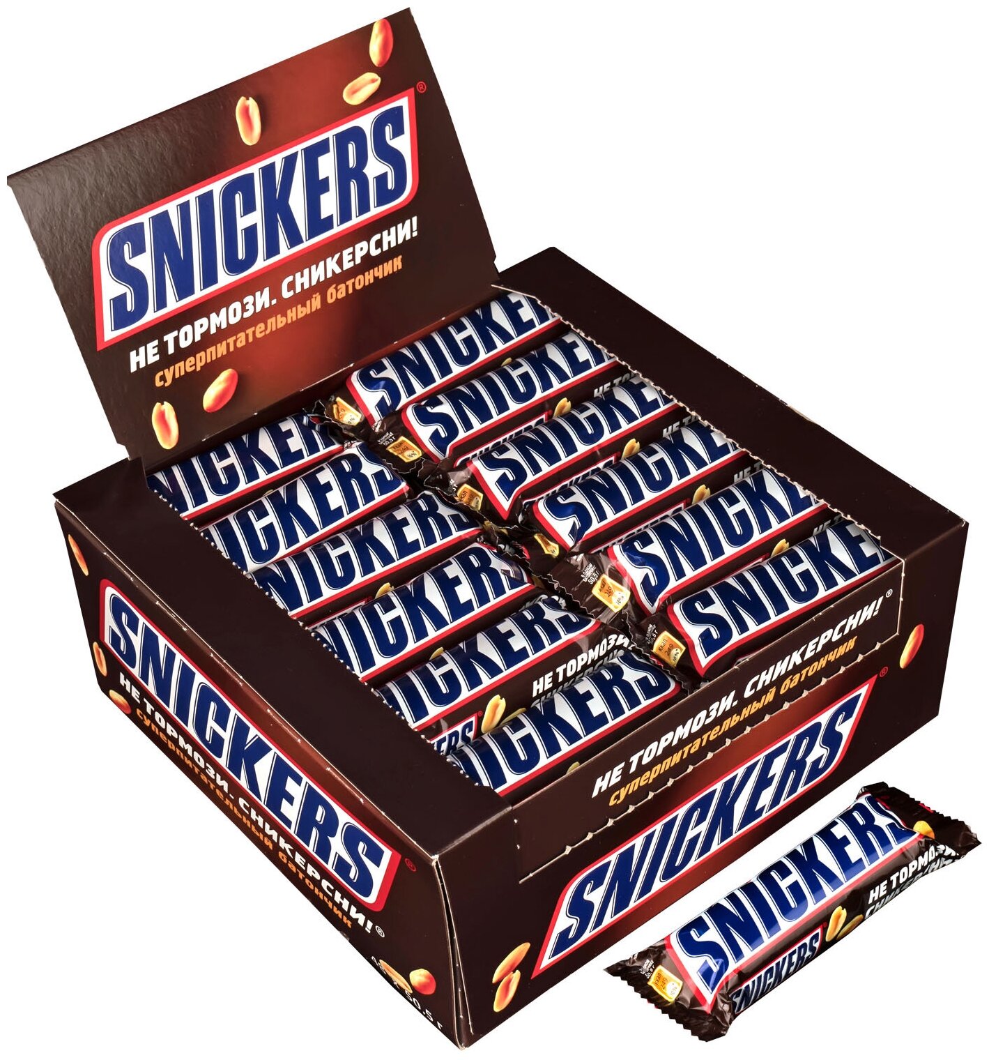 Батончик Snickers с жареным арахисом, коробка, 50.5 г, 48 шт.