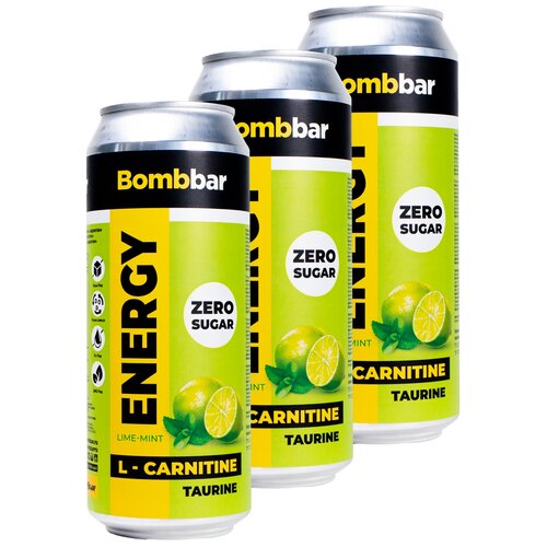 Bombbar, Энергетический напиток без сахара с Л-карнитином ENERGY, 3шт по 500мл (Лайм-мята) энергетик напиток без сахара с л карнитином bombbar energy кола 10шт по 500мл с гуараной энергетический напиток