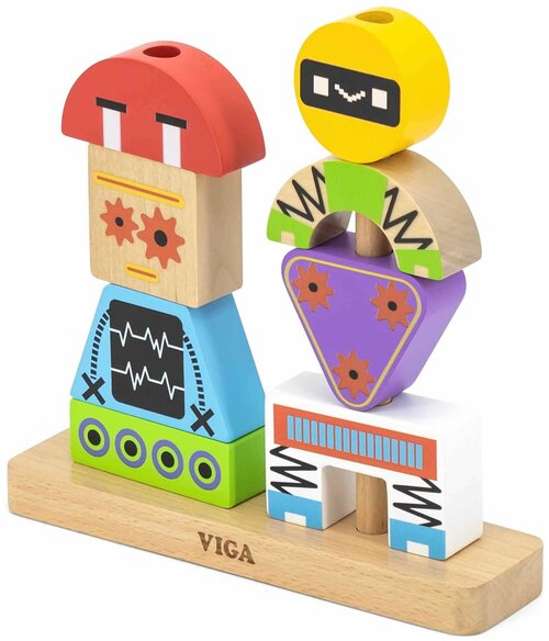 Блочный 3D-пазл Viga Toys Пирамидка Роботы 8 деталей и 10 двусторонних карточек с вариантами сборки, 44652