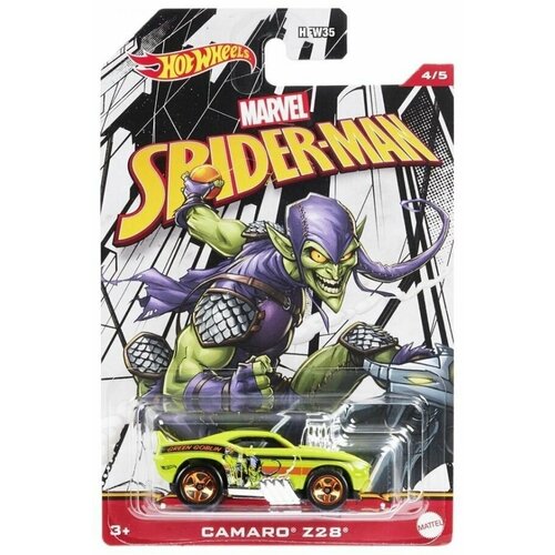 Машинка Hot Wheels тематическая коллекционная оригинал MARVEL Spider Man CAMARO Z28 салатовый HDG78 hot wheels 17 camaro zl1 камаро 154 250 then and now 5 10 mattel gtb32 2021