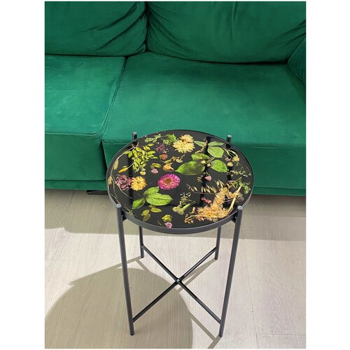 Круглый кофейный столик черный эпоксидная смола с сухоцветами для гостиной