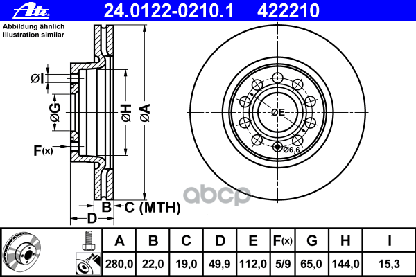 Диск Торм Audi A3/Sko Octavia/ Vw Golf 1.4-2.0Tdi 03- Пер Вент 280X22 Ate арт. 24.0122-0210.1