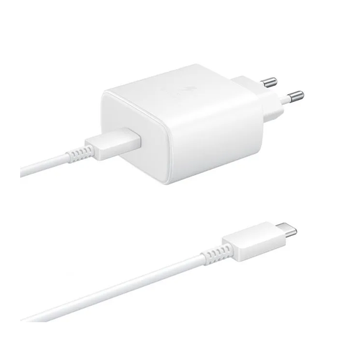 адаптер питания для samsung 45w pd adapter usb c супер быстрая зарядка super fast charging 45вт black Сетевое зарядное устройство USB-C + USB-C 45W/Зарядный комплект: адаптер + кабель/Супер быстрая зарядка 2.0/ Белый