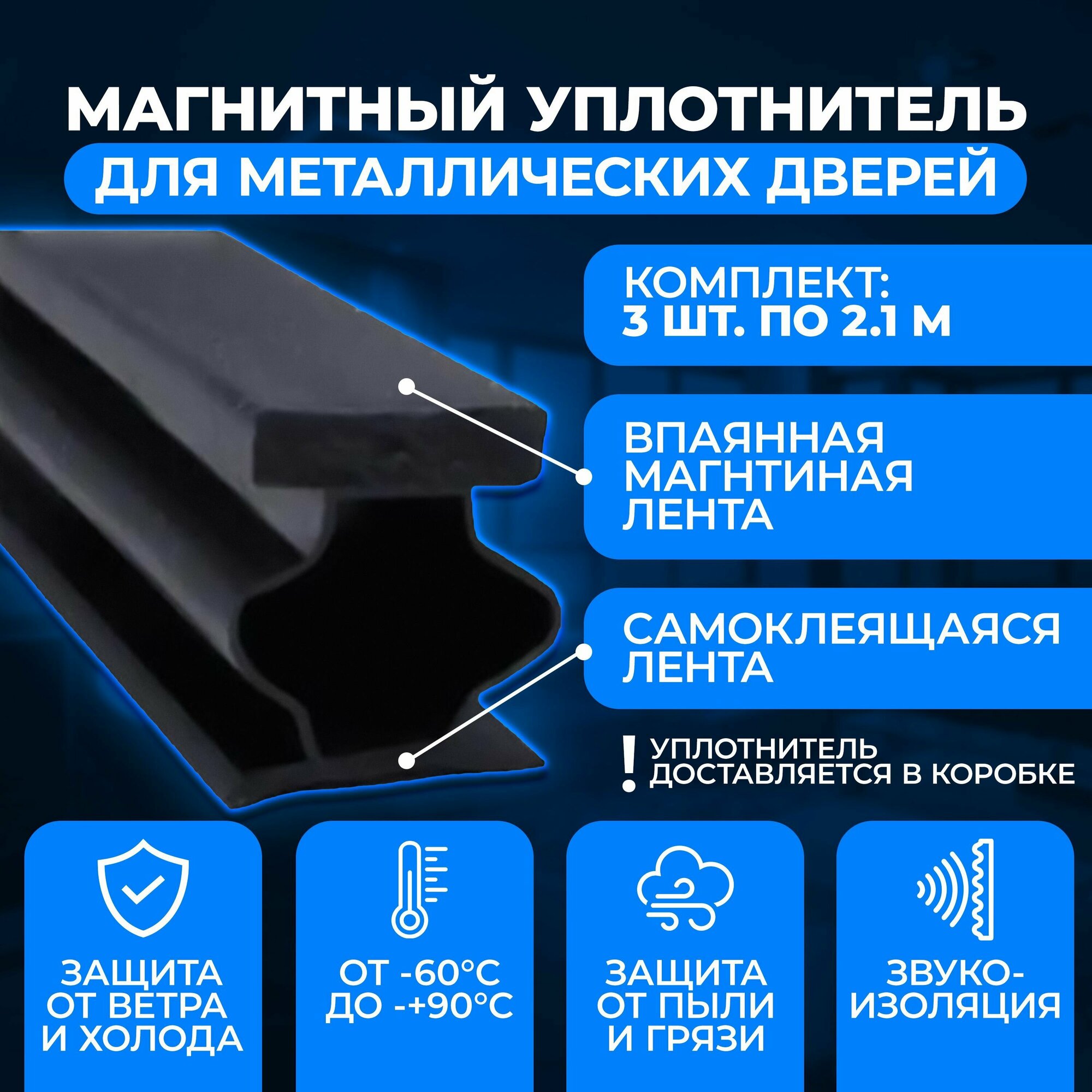 Уплотнитель магнитный для входной металлической двери самоклеящийся 3шт. х21м. резиновый уплотнитель для входной двери