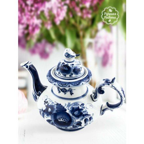 Чайник "Воробей", 1050 мл. Объединение Гжель. Ручная роспись. Фарфор.