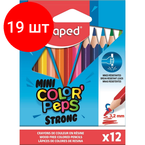 Комплект 19 наб, Карандаши цветные Maped COLOR'PEPS STRONG MINI 3хгр, пластик,12цв/наб,862812