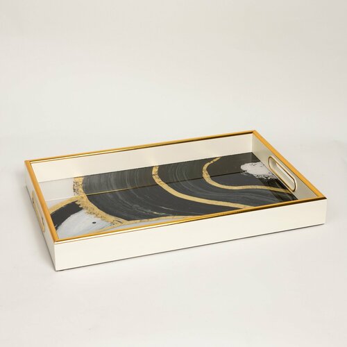 Поднос сервировочный декоративный 25 х 40 см для посуды, украшений, косметики, интерьера с зеркальной поверхностью, белый с золотым