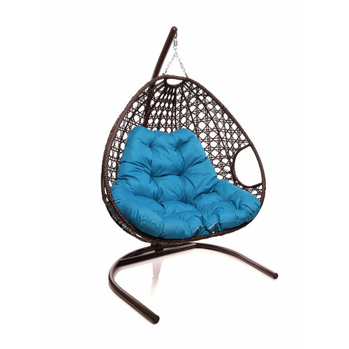 Подвесное кресло с ротангом "Для двоих Люкс" коричневое с голубой подушкой M-GROUP