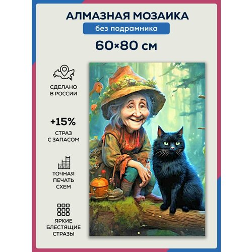 Алмазная мозаика 60x80 Баба Яга с котом без подрамника