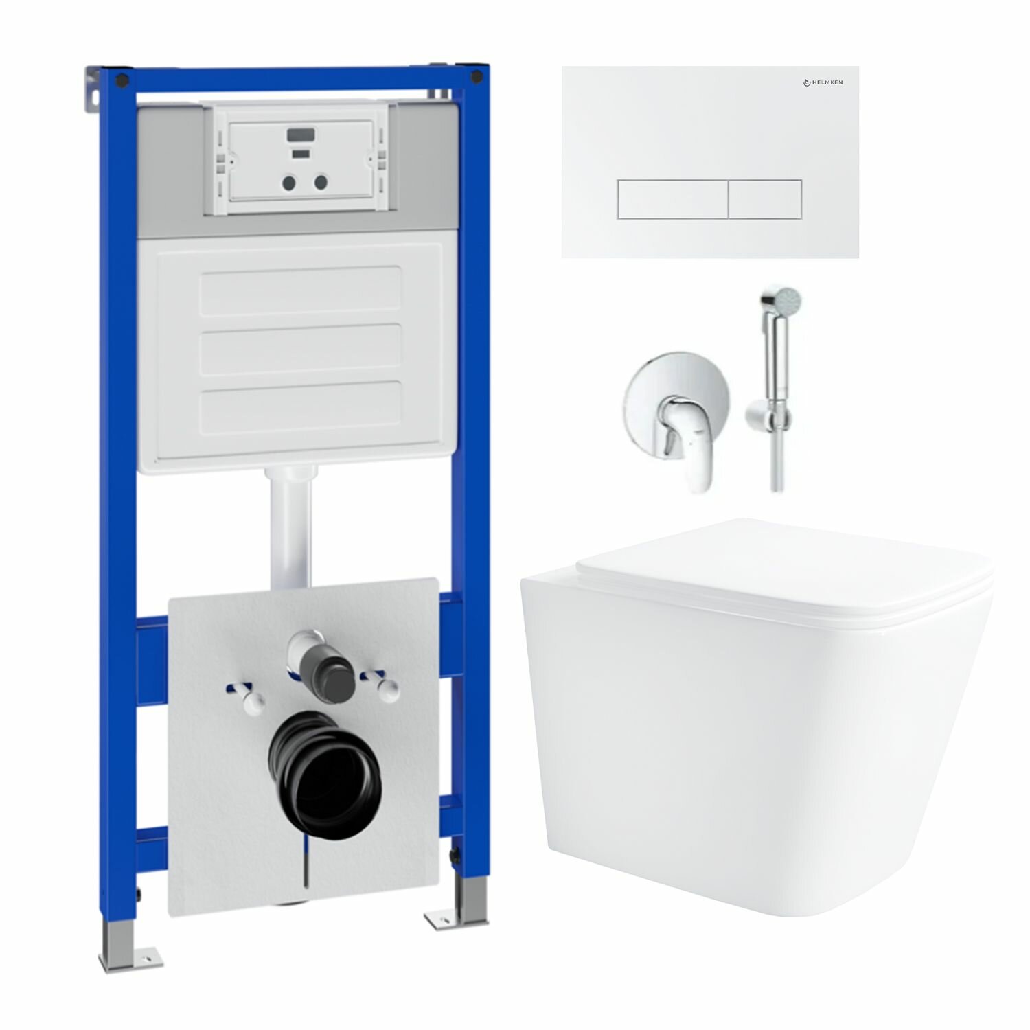 фото Инсталляция с подвесным унитазом Helmken 35490301 комплект 6 в 1: подвесной безободковый унитаз, сиденье микролифт, инсталляция с кнопкой смыва, шумоизоляция, смеситель с гигиеническим душем Grohe