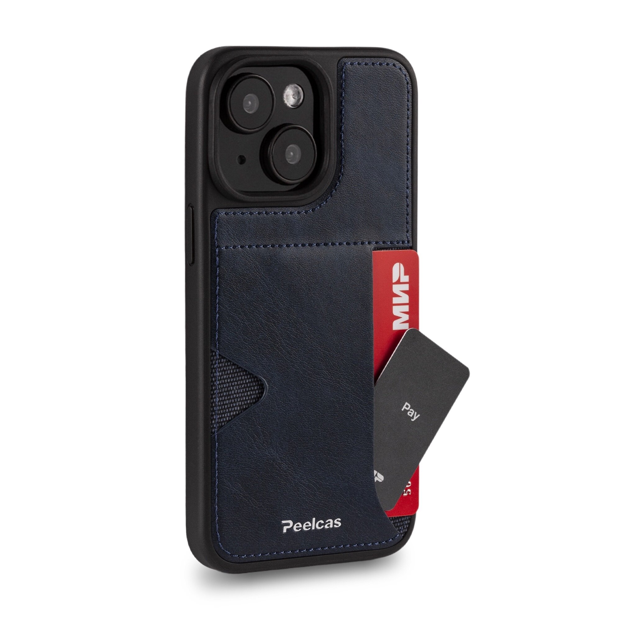 Чехол кожаный на iphone 14 (6,1) с карманом для карт синий — фото 1