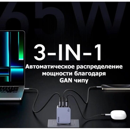 Сетевое зарядное устройство Ugreen X755 (25871) Nexode Pro 65 Вт, 3-Port GaN Fast Charger EU, с кабелем, 1 м, серый — фото 1