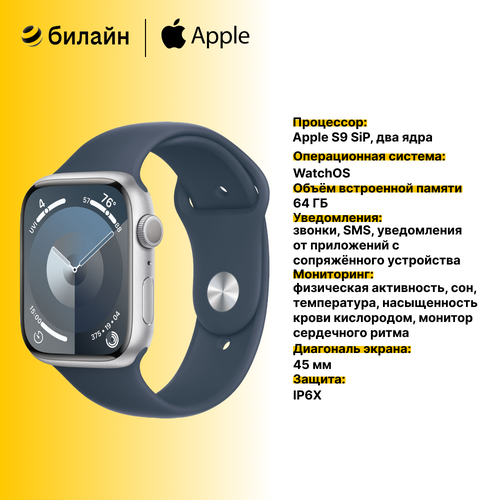 Умные часы Apple Watch Series 9 MR9E3LLA 45mm Aluminum Silver с синим ремешком ML 48760₽