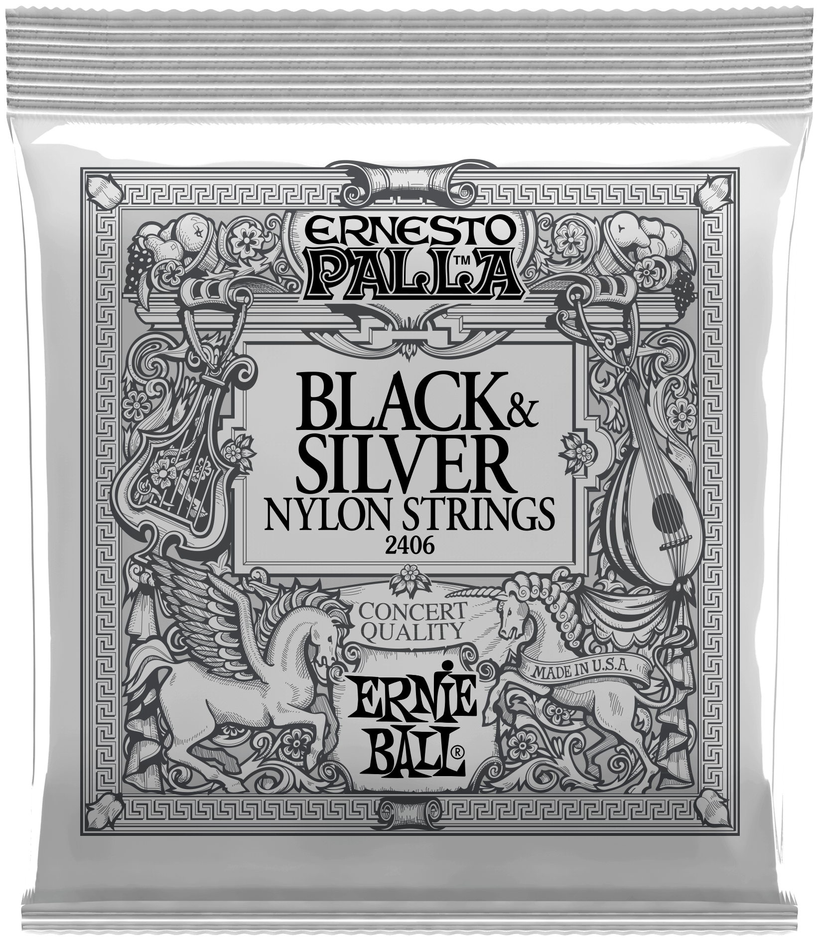 Струны Ernie Ball 2406 для классической гитары. Ernesto Palla черный нейлон, посеребренная оплетка,