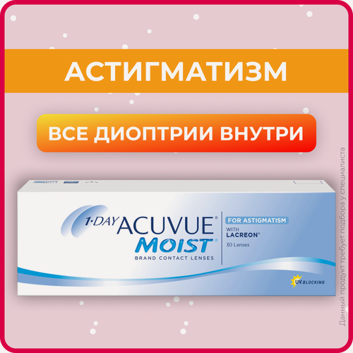 Изображение товара Астигматические линзы ACUVUE 1-Day Moist for Astigmatism (30 линз) Ось 100, Оптическая сила цилиндра -0.75 -1.50 R 8.5, однодневные, прозрачные