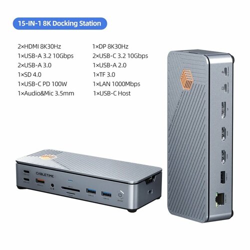 Док-станция CABLETIME USB C 4K HDMI DP RJ45, 15 8K DOCK