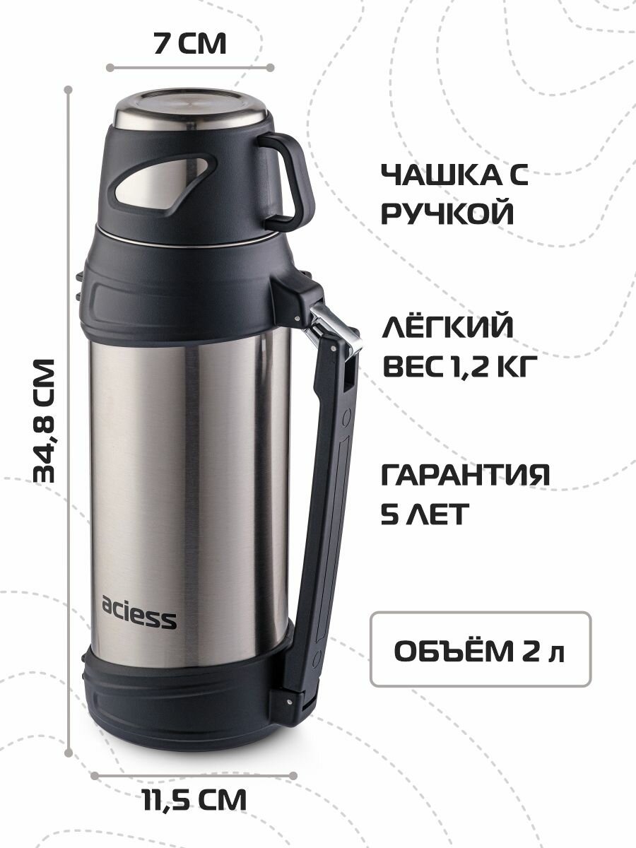 Термос Aciess, 2 л, нержавеющая сталь, вакуумный, для напитков, чёрный матовый — фото 1