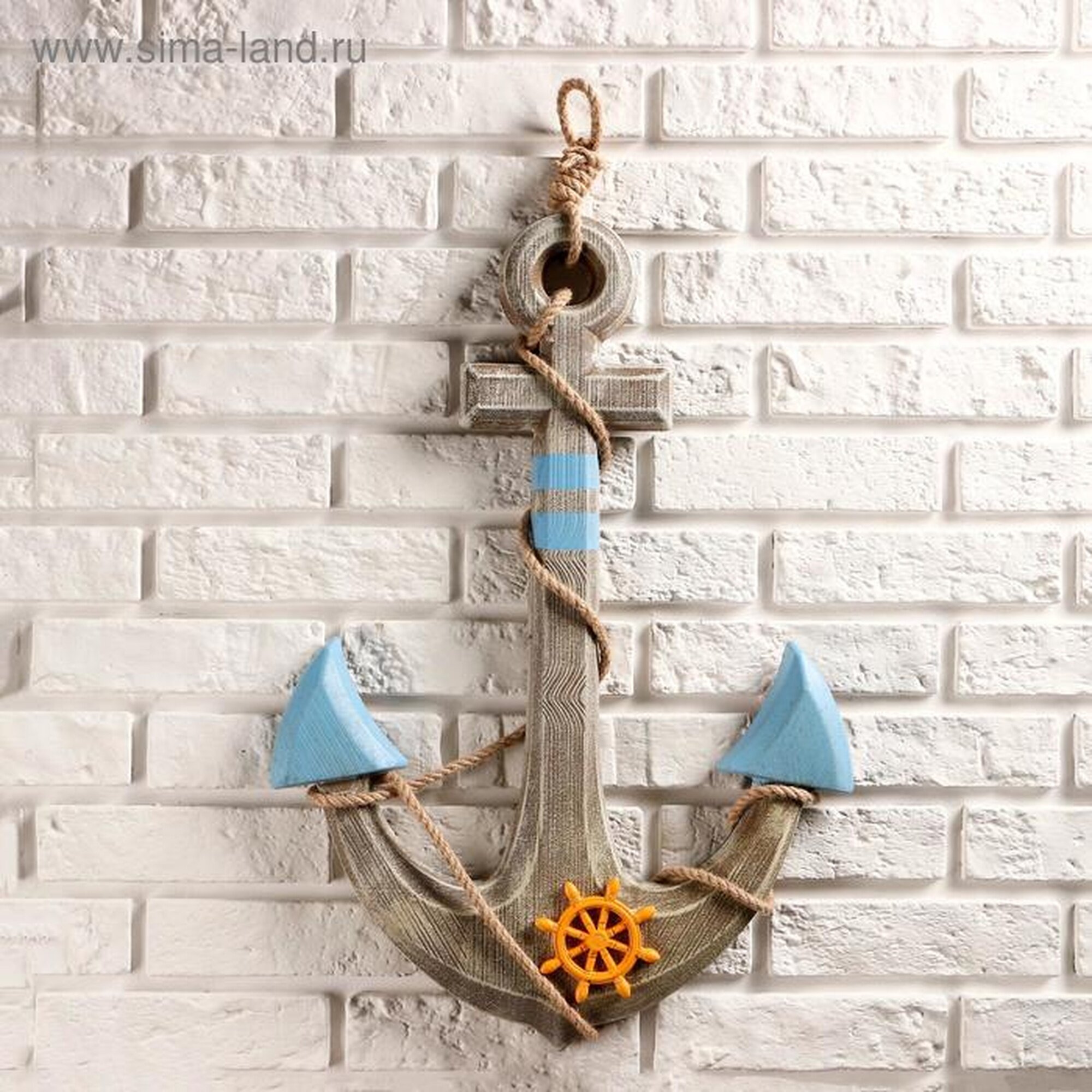 Декор настенный панно «Якорь интерьерный с веревкой и штурвалом» 60×44 см