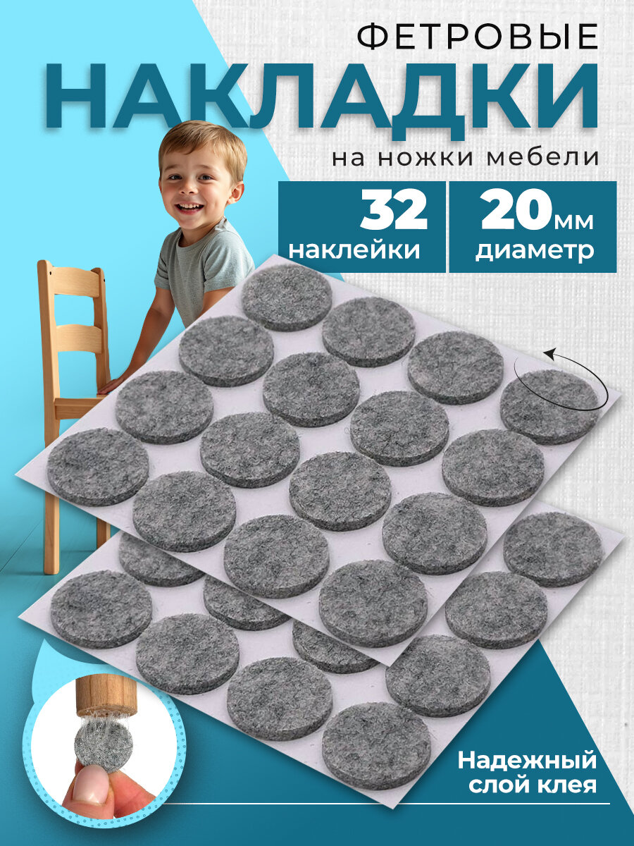 Накладки Neshumix, самоклеящиеся, фетр, серый, диаметр 20мм, 32шт