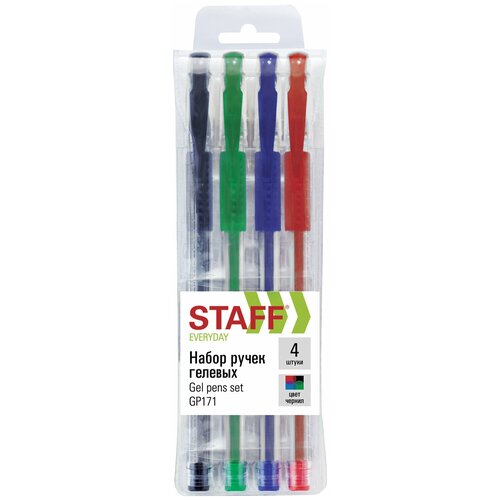Ручки гелевые с грипом STAFF EVERYDAY GP-171 набор 4 цвета узел 0 5 мм линия письма 0 35 мм, 6 шт