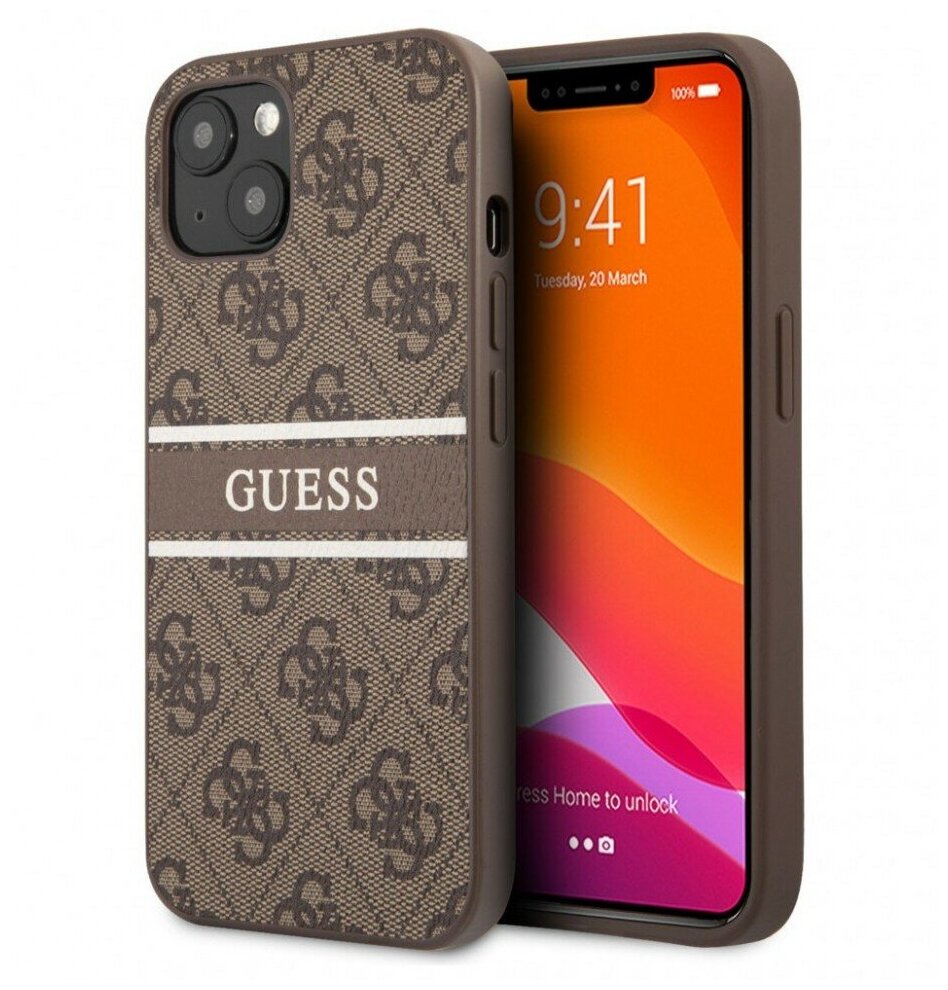 Чехол Guess 4G PU LEATHER WITH PRINTED STRIPE для iPhone 13 mini, коричневый