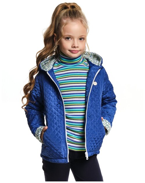 UD 7311 Куртка для девочки демисезонная, пальто весеннее осеннее с капюшоном плащ ветровка детская синяя размер 116 на 6 лет