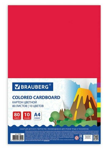 Картон цветной А4 немелованный 80 листов 10 цветов в пленке BRAUBERG 200х290 мм, 2 шт