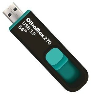 Флешка OltraMax 270, 64 Гб, USB3.0, чт до 70 Мб/с, зап до 20 Мб/с, бирюзовая