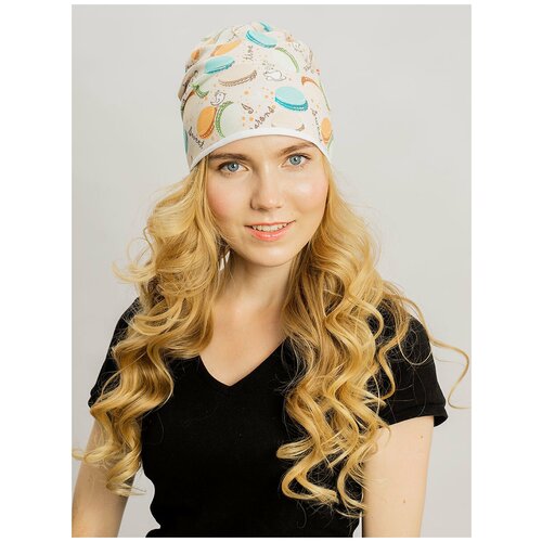 фото Шапка бини anru, размер универсальный, экрю, голубой