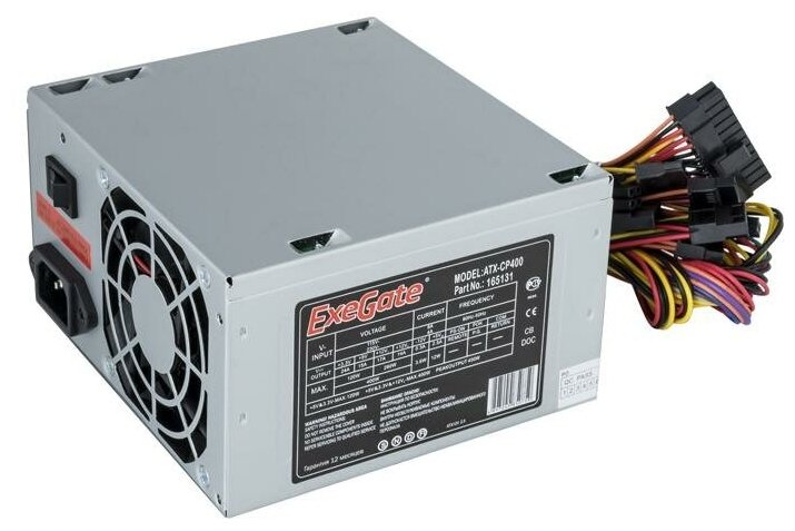 Блок питания EXEGATE CP400 ATX SC 8cm fan 24pin 4pin 3xSATA 2xIDE FDD кабель 220V с защитой от выдергивания