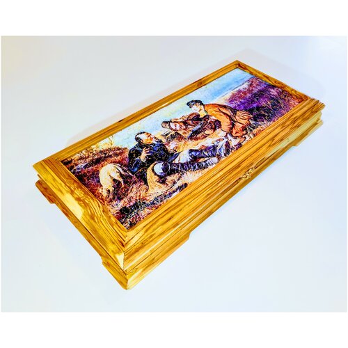 Нарды длинные короткие, подарочные, Охотники на привале, деревянные большие 70х70см, ручной работы, эксклюзивные фишки