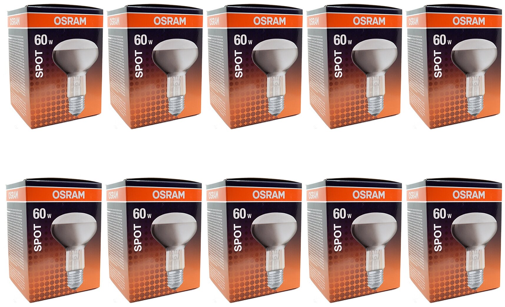 Лампочка накаливания OSRAM Рефлектор Гриб R80 E27 60Вт 220В 2700К Теплый белый Диммируемая, упаковка 10шт