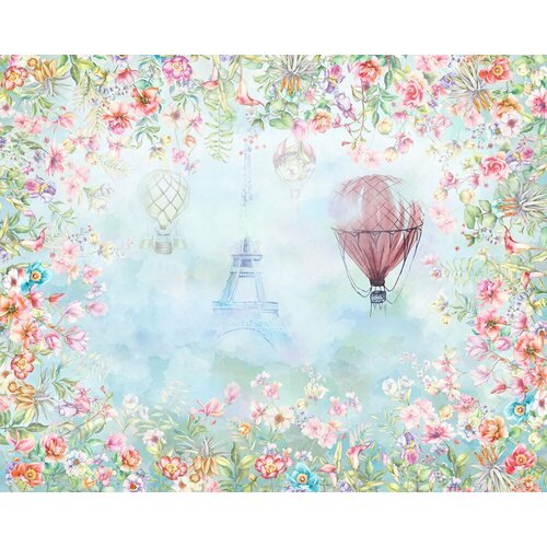 Моющиеся виниловые фотообои GrandPiK Эйфелева башня и цветочный фон Акварель, 350х280 см