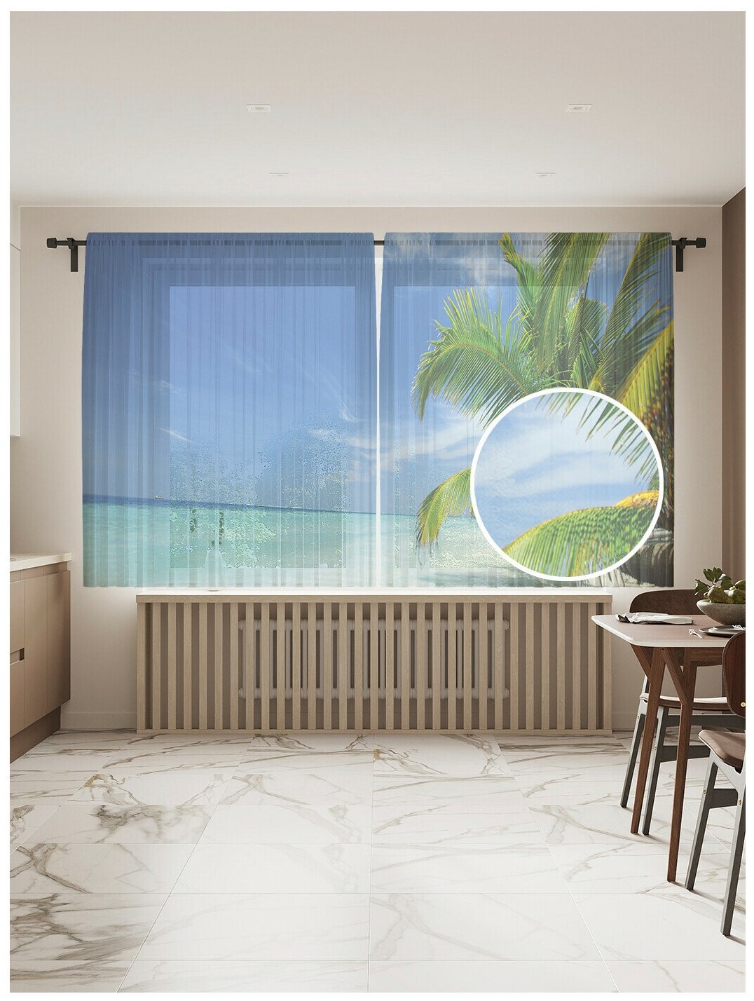 Тюль для кухни и спальни JoyArty "Пальма над морем", 2 полотна со шторной лентой шириной по 145 см, высота 180 см.