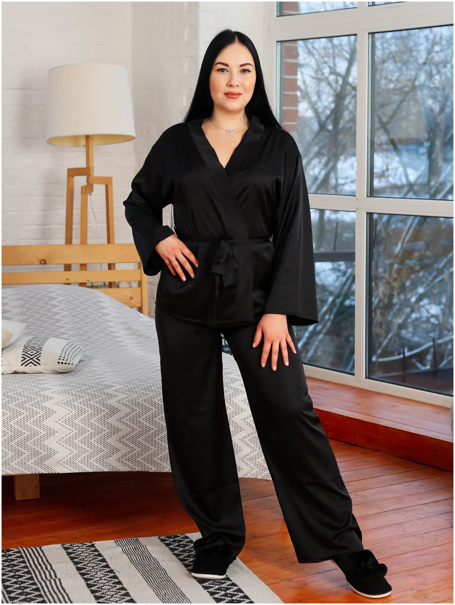 Пижама женская со штанами шелковая одежда для дома и сна - фотография № 2